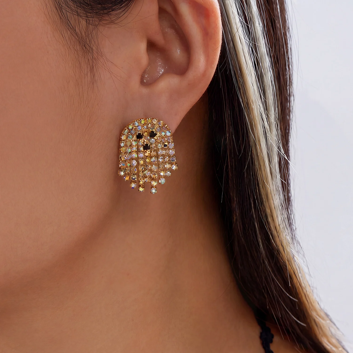 Funkelnde Halloween-Strass-Geister-Ohrstecker, Kristall-Quasten-Ohrringe für Damen, Kostüm-Party, Feiertags-Schmuck, Geschenk – Detail 8