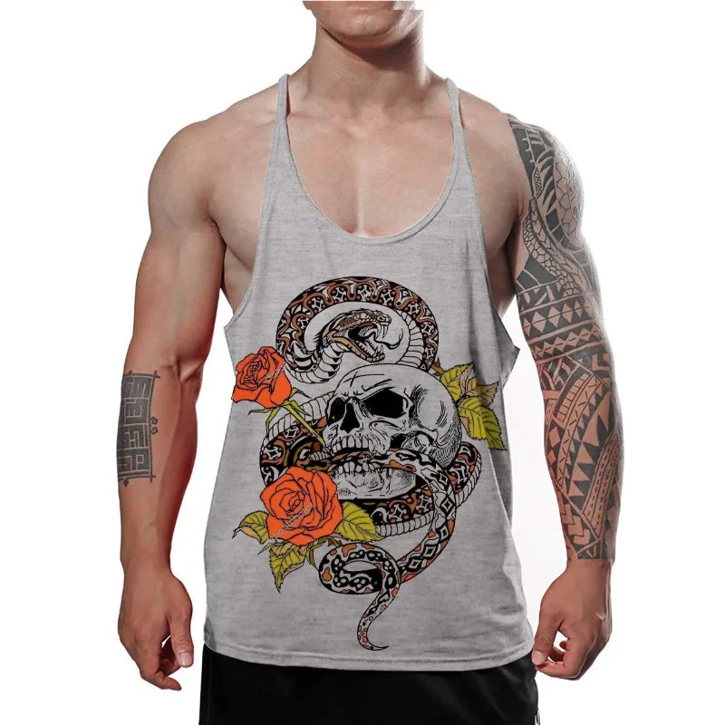 Men's Skull, Snake & Rose Graphic Stringer Tank Top, Tattoo - Style Print, Bodybuilding Gym Vest, Summer Casual Sleeveless Shirt