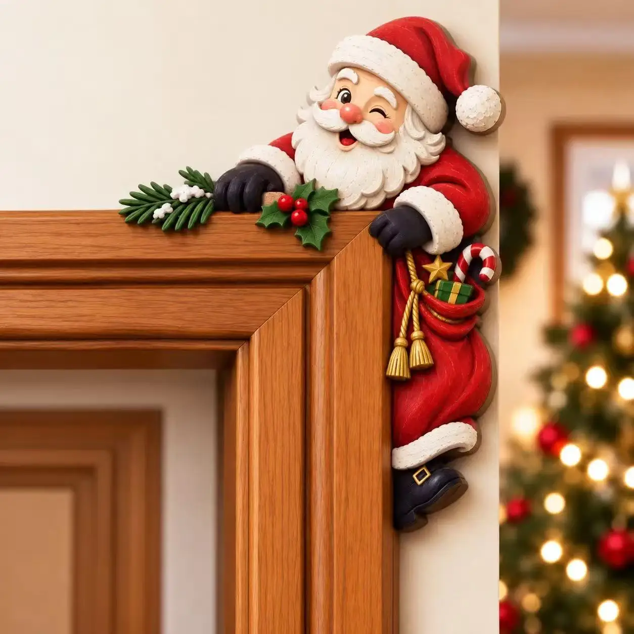 2026 Houten Kerstdeurhoekdecoratie, Kerstman Sneeuwpop Rendier Cartoon Hangende Hanger, Kerstdeurkozijn Ornament voor Feest en Huis