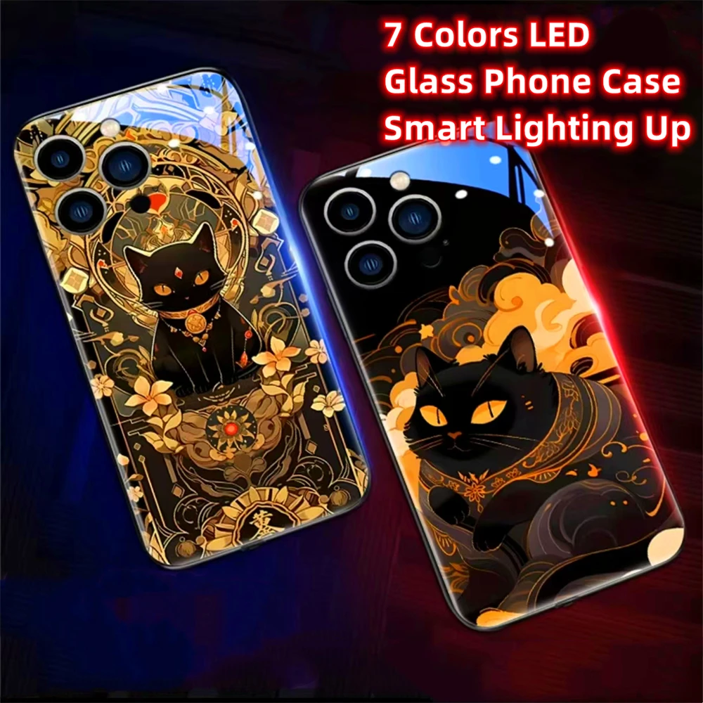 Casing ponsel pola kucing keberuntungan 2025, pelindung tahan guncangan kaca lampu LED, untuk iPhone 16 15 14 13 12 11 Pro Max XR XS Plus