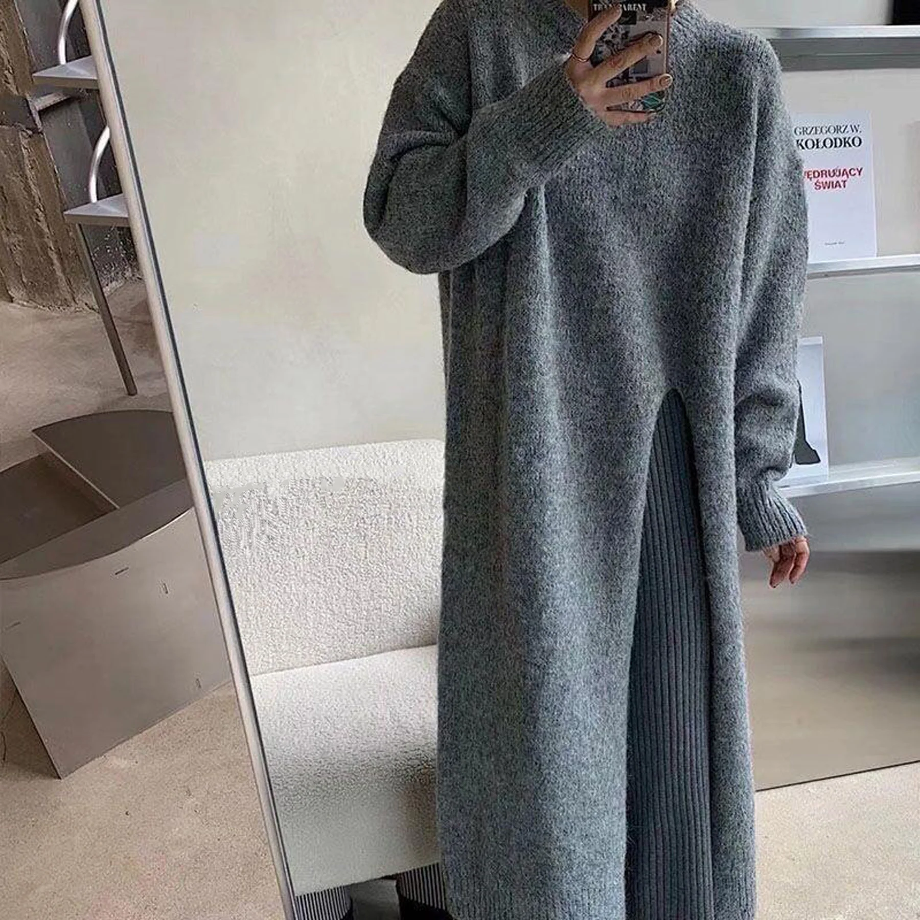 Winter Women Y2k Loose Fit Knitted Dress V Neck Sexy Slim Elastic Oversized Basic Bodycon Sweater Dress Autumn Winter Warm Long - view 3