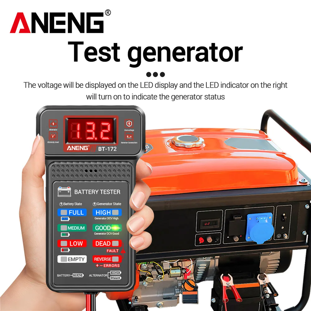 ANENG BT-172 12V Digital Battery Tester Car Battery Indicator with Alligator Clips LED Battery Status Indicator Electrician Tool