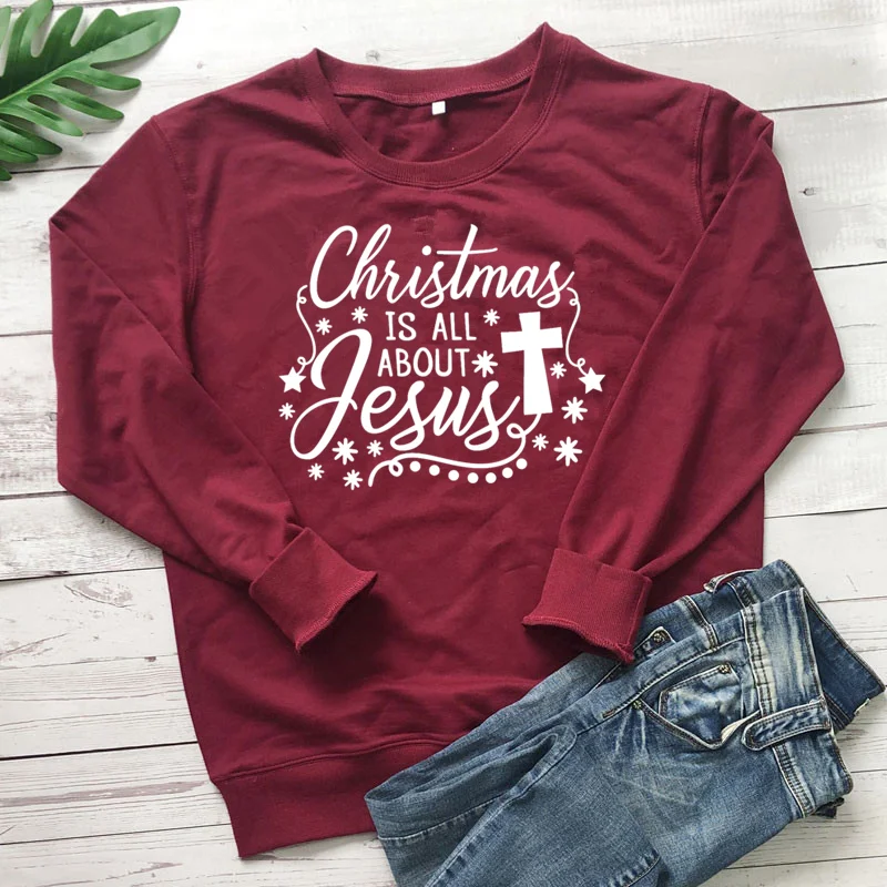 Christmas Is All about Jesus Funny Letter Sweatshirt Christmas Women Cotton Fashion Graphic Female Clothing O Neck Short Sleeve