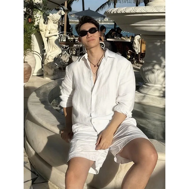 

White Cotton Linen Shirt Men's Summer Casual Sport Suit Island Vacation Style Sunscreen Outerwear Long Sleeve Youth Fashion
