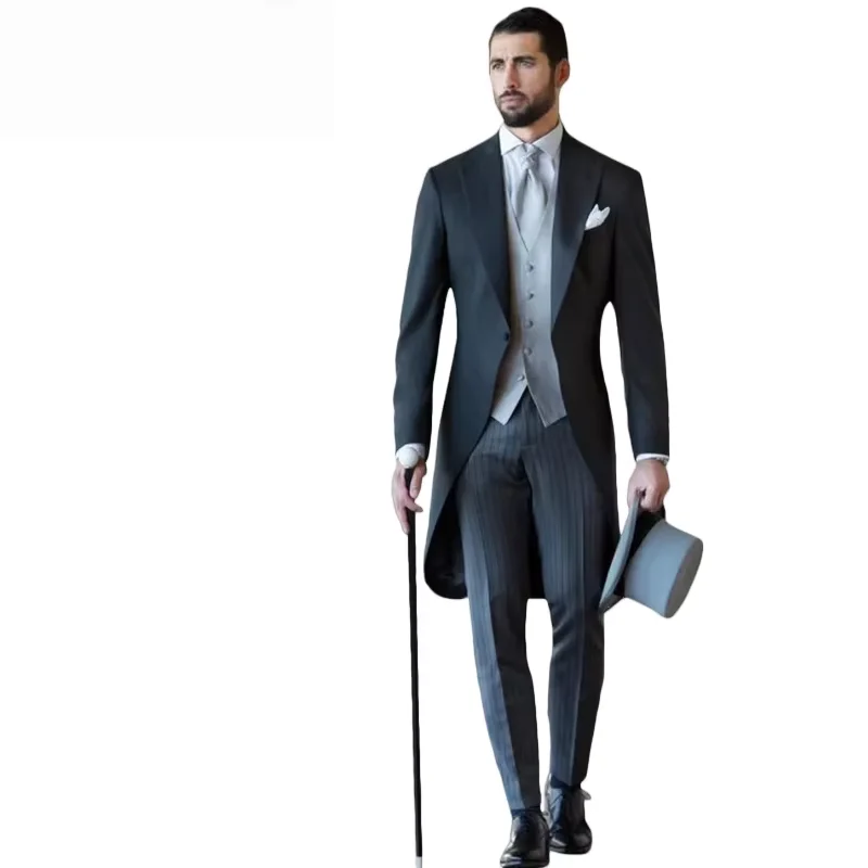 

Men's 3-Piece Tailcoat Suit - One Button Formal Jacket+Waistcoat+Stripe Trousers | Wedding/Business Groom Attire | Premium Wool