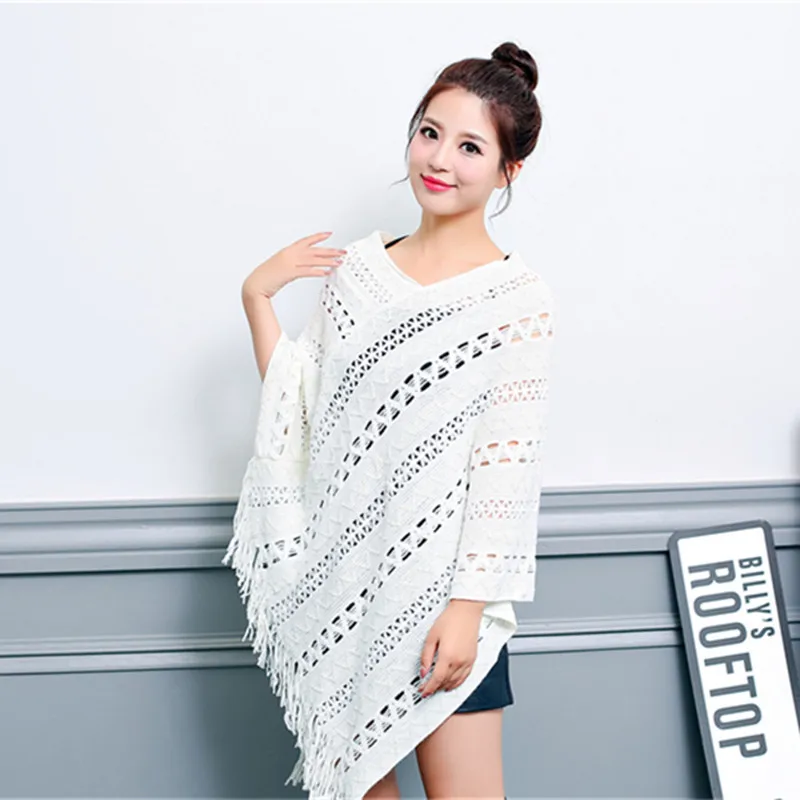 33 White Style Spring Autumn Women Horn Buckle Hollow Sweater Warm Shawl Knitwear Tassel Knitted Loose Pullover Triangle Coat