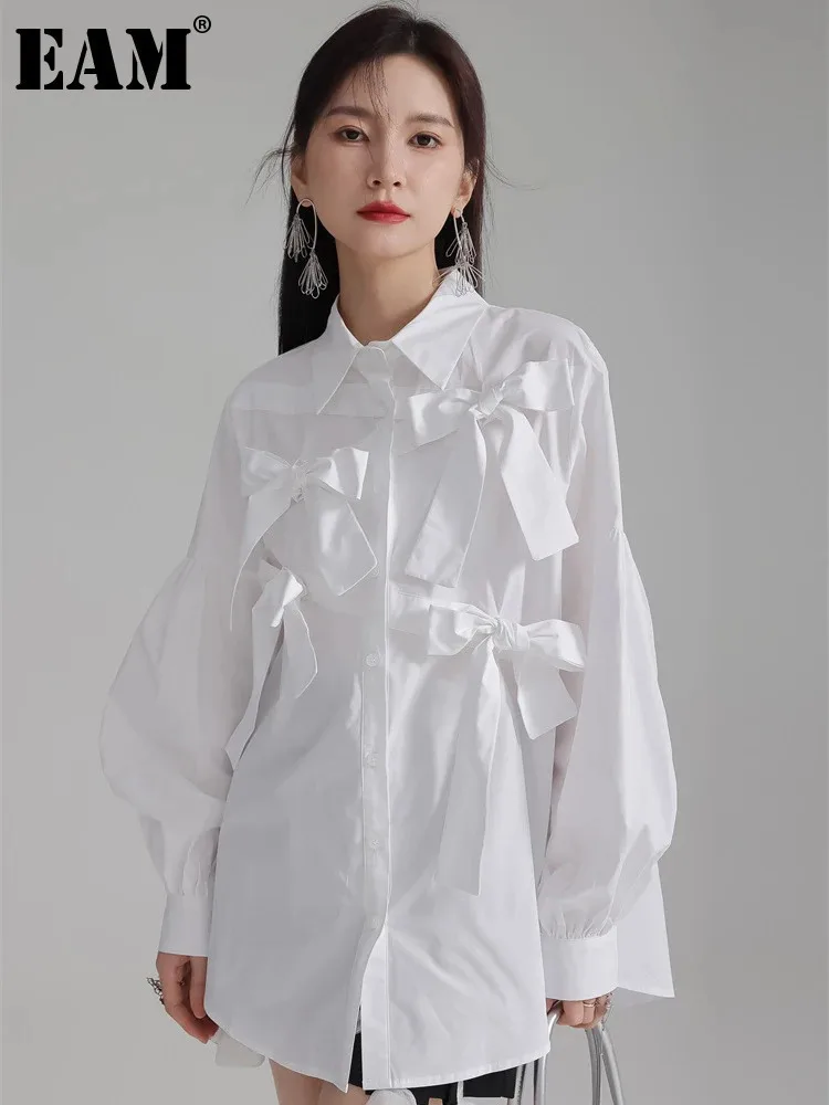 [EAM] Women White Bow Spliced Big Size Elegant Blouse New Lapel Long Sleeve Shirt Fashion Tide Spring Autumn 2024 1DH5705