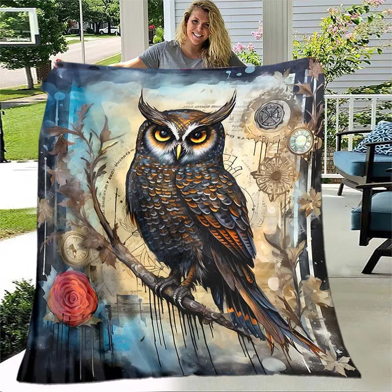 

Owl Steampunk Art Fleece Blanket Vintage Clocks Flowers Design Soft Warm Throw Blanket for Nature Lovers Home Decor Gift Idea