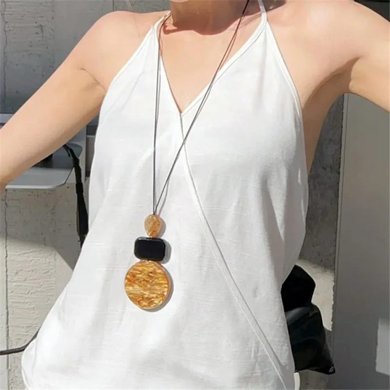 

Statement Resin Geometric Long Necklace For Women Personality New Big Pendants Black Leather Chain