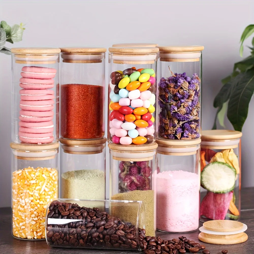 Glass Food Storage Containers Jars with Airtight Bamboo Lid 13oz, 360ml Pantry Organization Jar, Glass Terrarium with Lid
