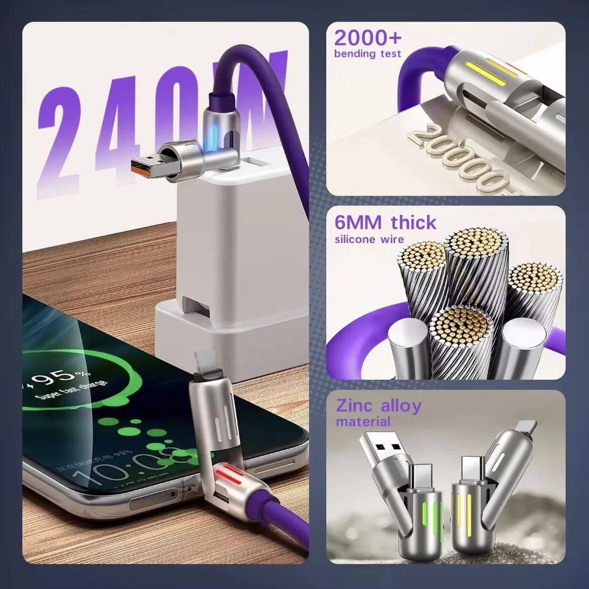 كابل شحن سريع 240 وات 4 في 1 USB من النوع C سيليكون متين لهاتف iPhone Samsung Huawei Xiaomi Type-C إلى USB A #3