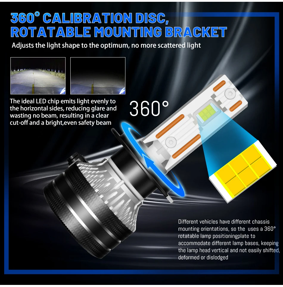 K5C H7 LED 60000LM Headlights Canbus H1 H4 H11 9012 HIR2 H8 H9 H13 9007 9005 9006 HB3 HB4 H27 881 High Power 6000K 5570 CSP Chip view 2