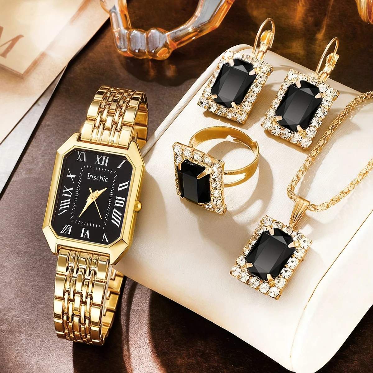 5pcs simple and stylish square dial quartz watch and accessories set for women's watches and gifts