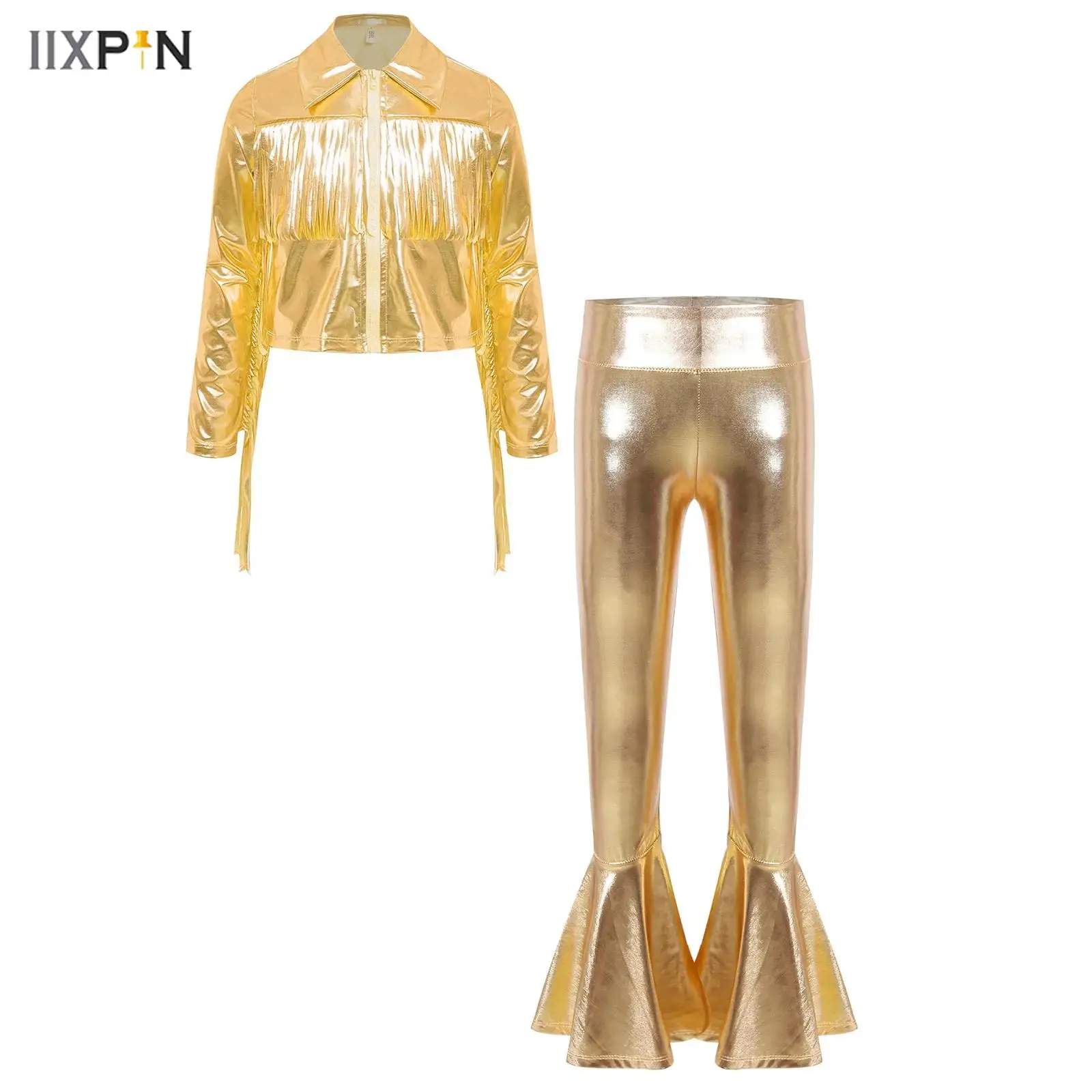 

Kids Girls Hip Hop Jazz Dance Outfit Turn-Down Collar Long Sleeve Zipper Tassels Metallic Jacket +Pants for Stage Performance