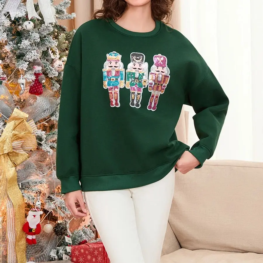 Chic Christmas Womens Sweatshirt Sequin Funny Nutcracker Sweatshirt Cute Crewneck Y2k Retro Vintage Pullover Top Winter Clothes