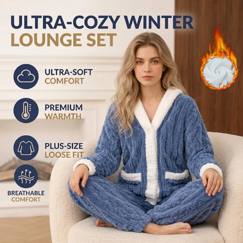 Stay warm and stylish in this double-sided thick coral fleece pajama set, great for relaxing at home on chilly winter days.