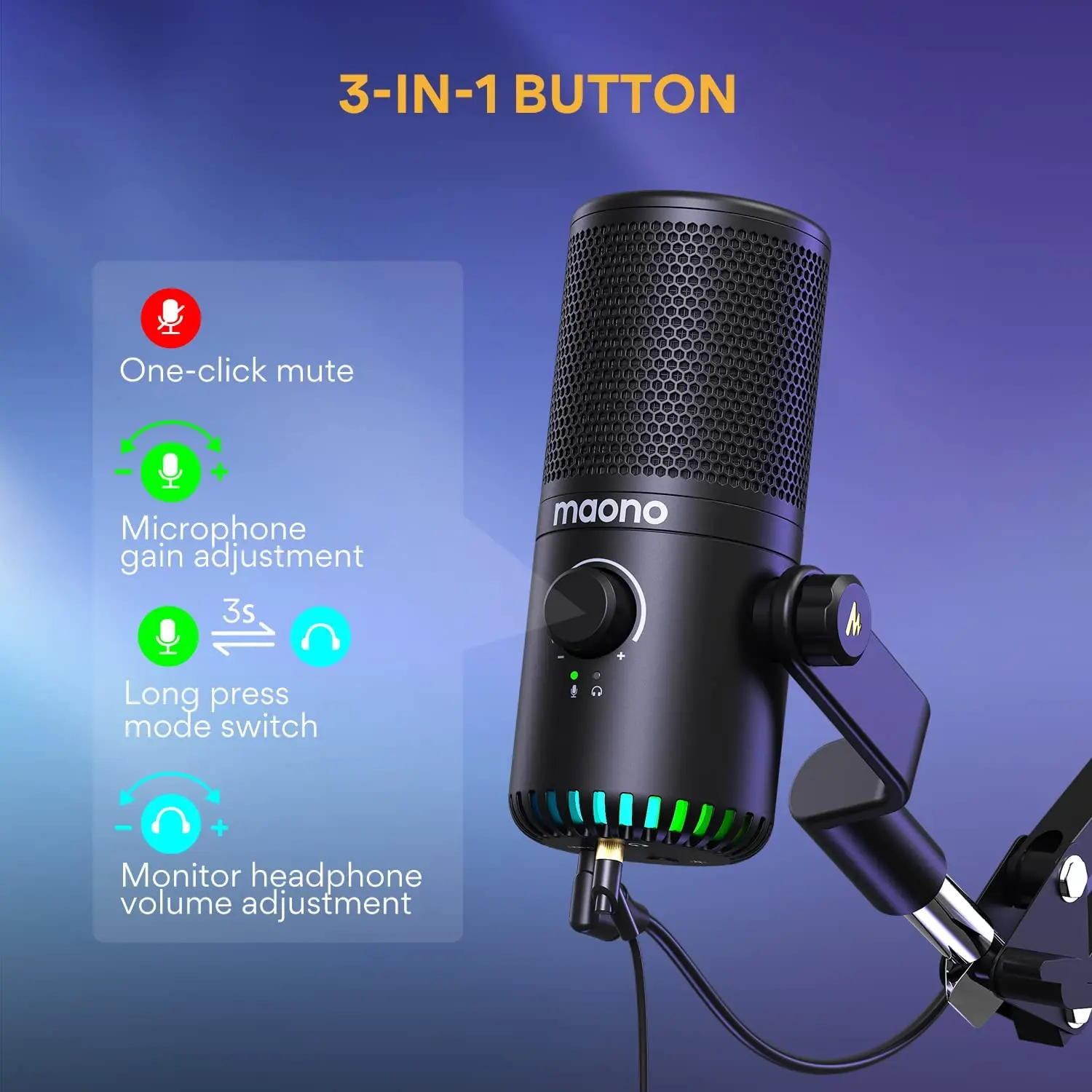 Maono DM30 Gaming Microphone for RGB Lights Usb Condenser Studio Microphone PC Mic Podcast Recording Gaming Microphone - view 5