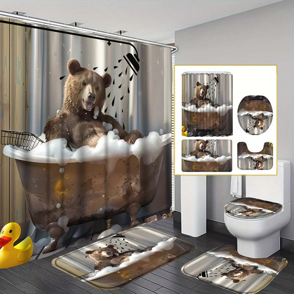 

4 шт., занавеска для душа с мультяшным медведем — набор занавесок с нескользящими ковриками, U-образным ковриком для унитаза, чехол на сиденье унитаза, забавная, можно стирать в машине