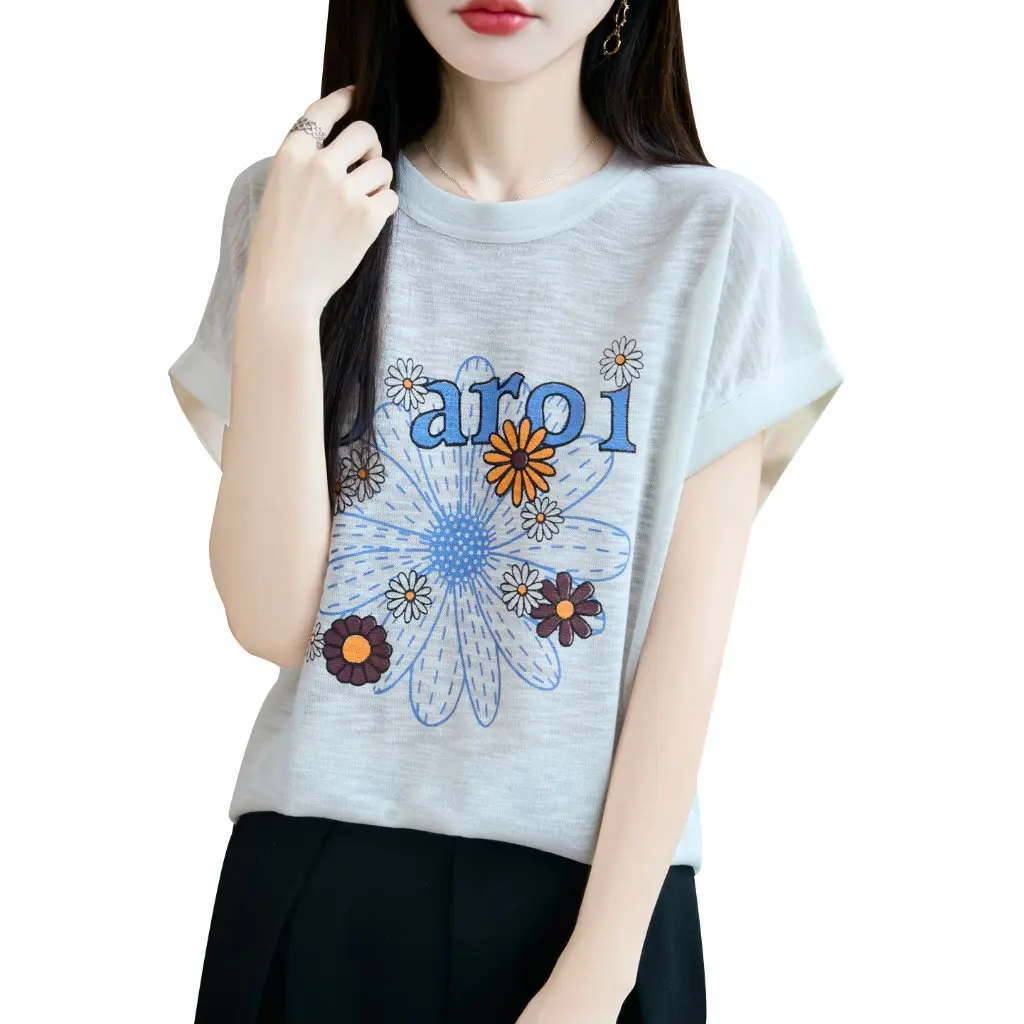 

Summer New Loose Women's Knitted Round Neck Short Sleeve T-shirt Daisy Print Base Shirt Top Bamboo Fiber Round Neck T-shirt