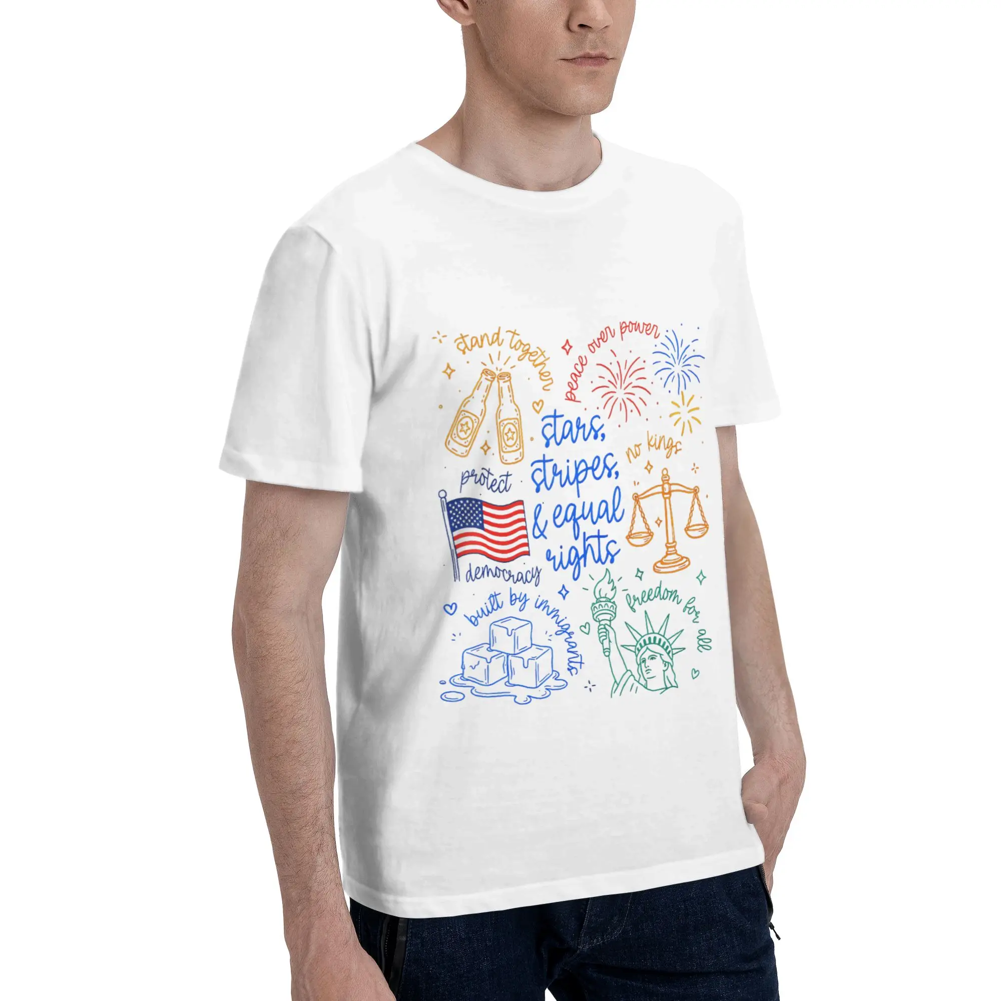 Stars Stripes & Equal Right Doodle USA Political Liberal Men's T-Shirt Clothes  Cool Tees Short Sleeve fugees 100% Cotton