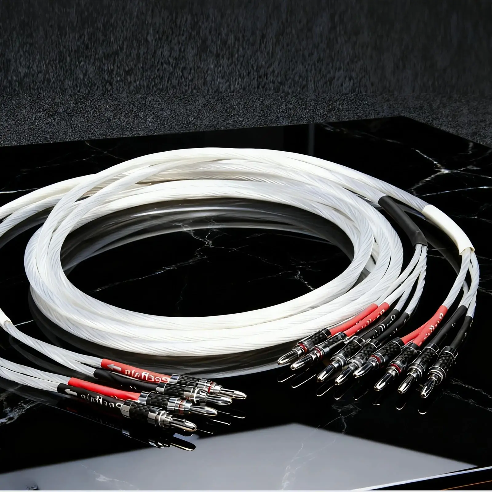 Pair HIFI OCC Silver Plated Speaker Cable 2 Banana to 4 Banana Biwire Loudspeaker Cable Rhodium Banana Plug with Carbon Fibre