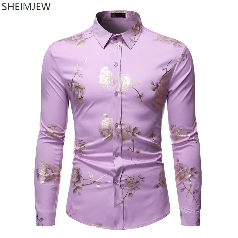 New Men's Gold Rose Floral Print Shirt Adult Floral Steampunk Petticoat White Long Sleeve Wedding Party Hot Stamping Camisole