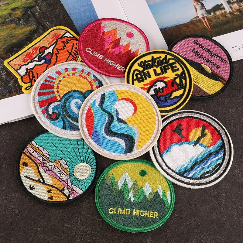 Landscape Embroidered Patches For Clothing Applique Camp Iron on Patches DIY Forest Applique Clothes Traveler Stickers Stripes