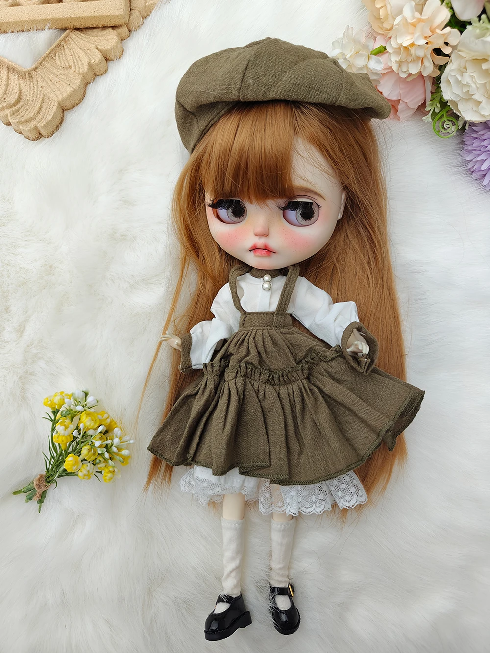 blythe doll clothes  Handmade Dark grayish green Dress for Blythe doll  Accessories OB22 OB24 AZONE 4-piece set