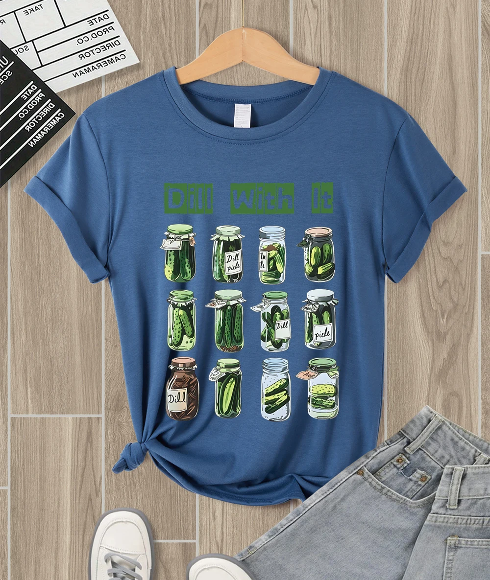 

Dill With It Canned Cucumber Prints Women Tee Shirt Comfortable Soft T-Shirts Hip Hop Summer Clothing Casual All-Match Woman Top