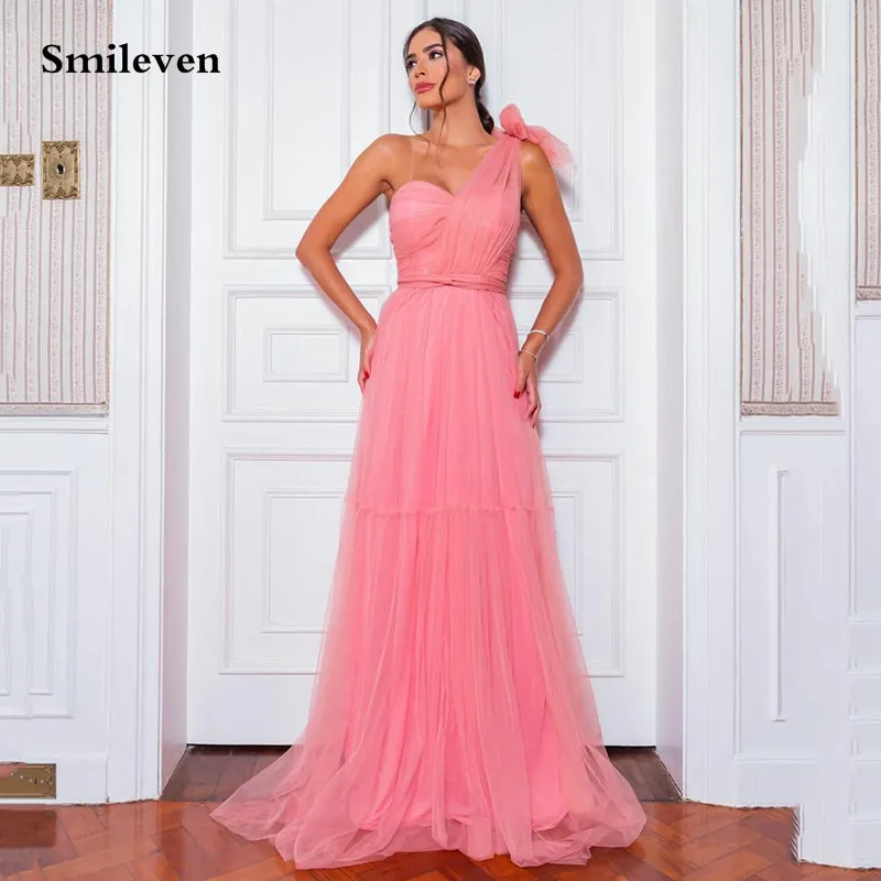 

Smileven Watermelon Red Evening Dresses Sleeveless Pleats Women Prom Gowns Puff Tulle Long Formal Party Dress