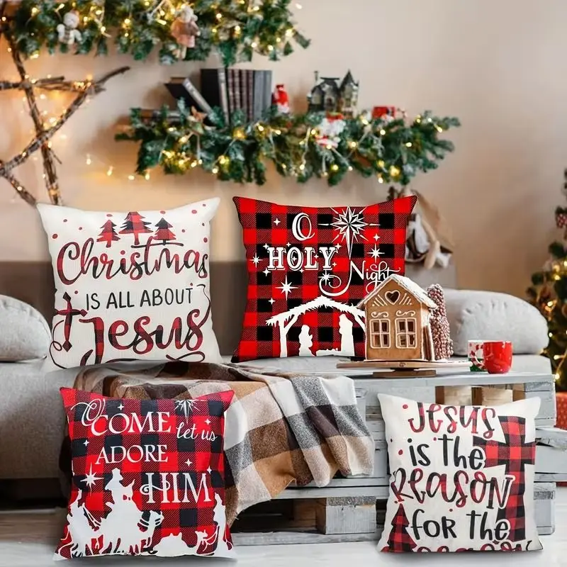 VIKAMA Christmas Pillow Cover Red Green Polka Dot Christmas Tree Ornaments Holiday Slogans Cushion Case Sofa Couch Home Decor