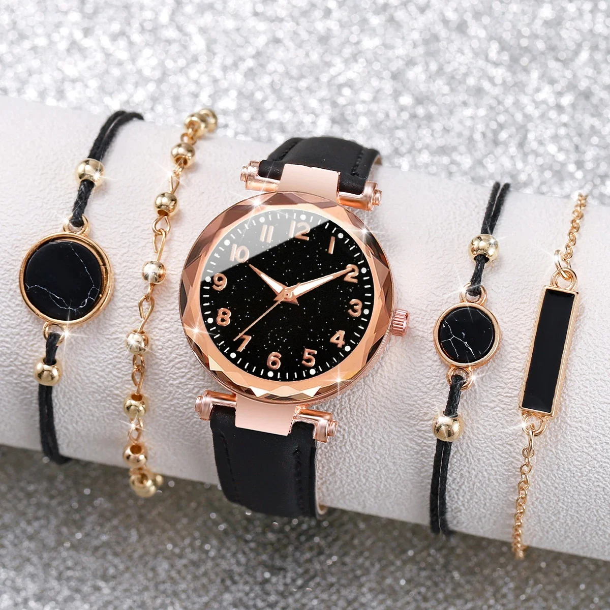 5PCS/Set Women‘s Watches Ladies Fashion Leather Band Analog Quartz WristWatch Bracelets Set