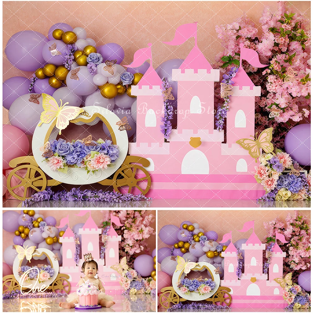 

Castle Pumpkin Carriage Photography Backdrop Princess Birthday Cake Smash Photo Background Butterfly Flowers Photo Studio Props