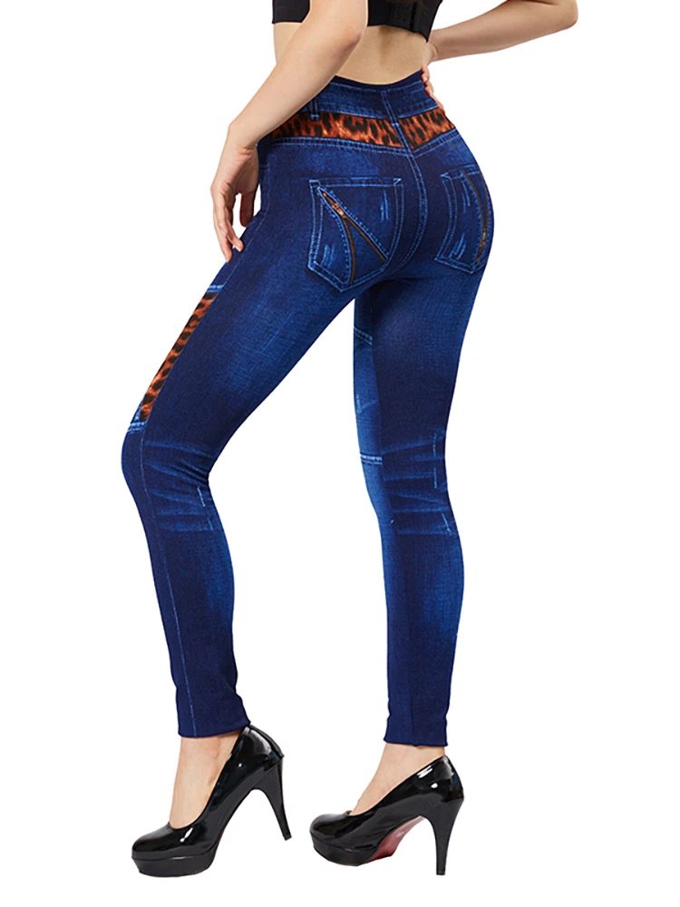 CUHAKCI Splice Leopard Blue False Jeans tasche con cerniera finte stampa Stretch imitazione Denim pantaloni Slim Fit Leggings donna Jeggings