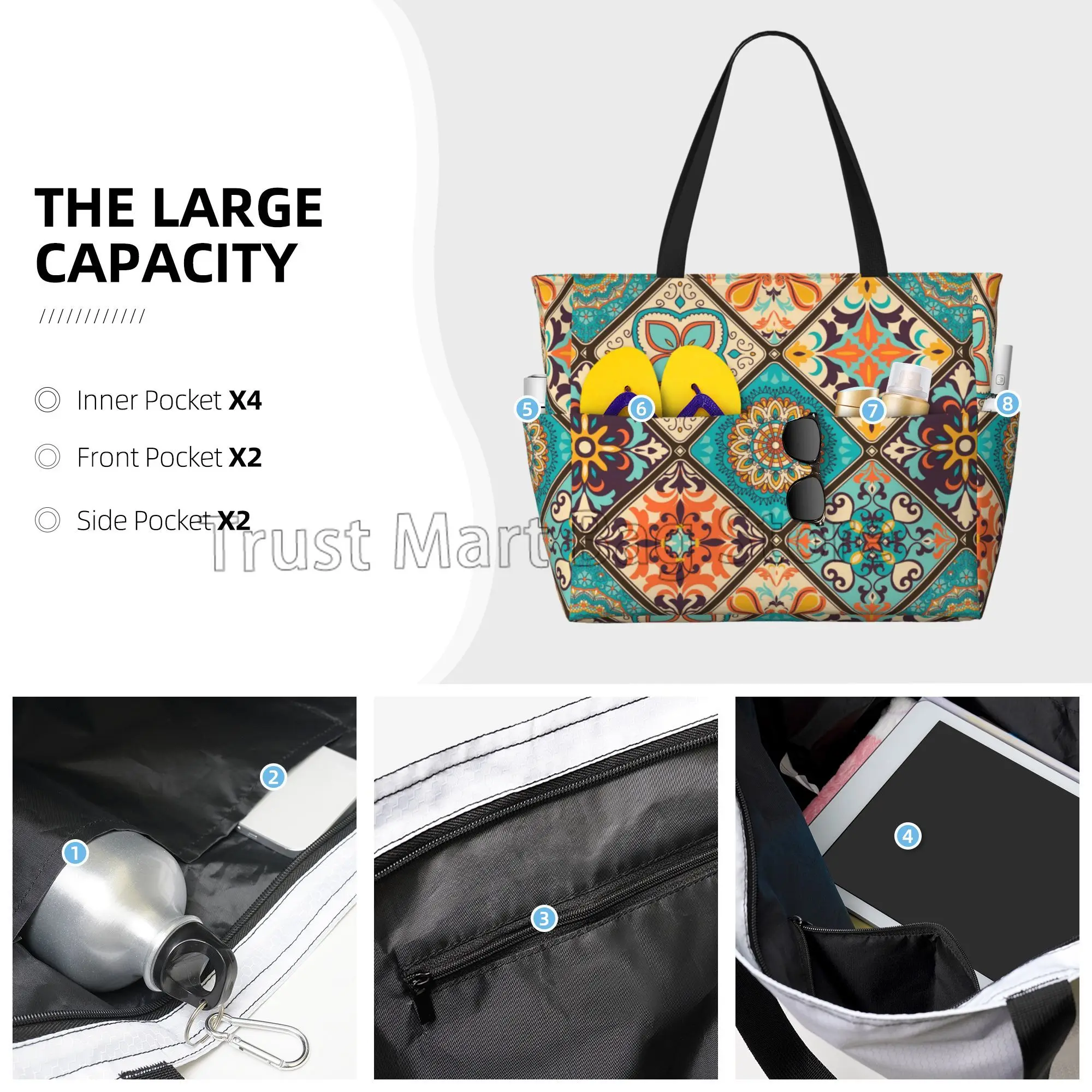 Ethnic Mandala Flowers Waterproof  Beach Tote Pool Bags for Women Ladies Extra Large Gym Tote Carry on Bag for Weekender Travel