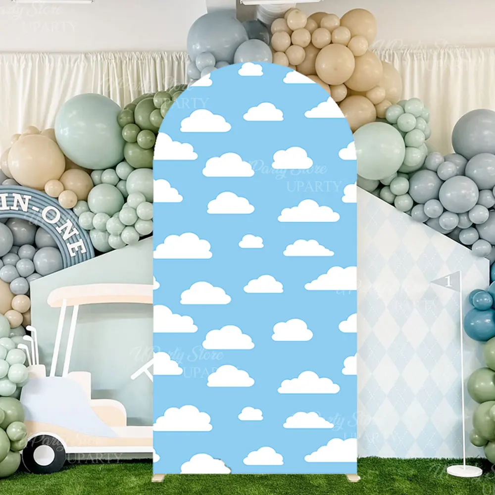 Weißer Wolkenbogen-Hintergrund, blauer Himmel, Wolke, bedruckt, Chiara-Oberteil, runder Standbogen-Abdeckung für Babyparty, Pilot, Geburtstagsdekoration – Detail 7