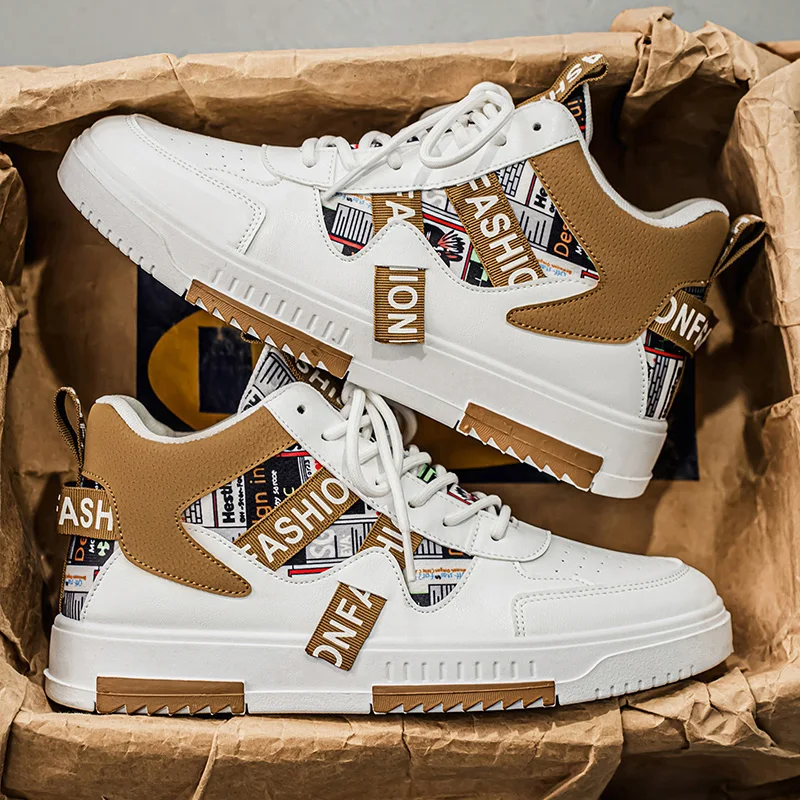 

Men's Newspaper Print High-Top Sneakers | Fashion Streetwear Skate Shoes