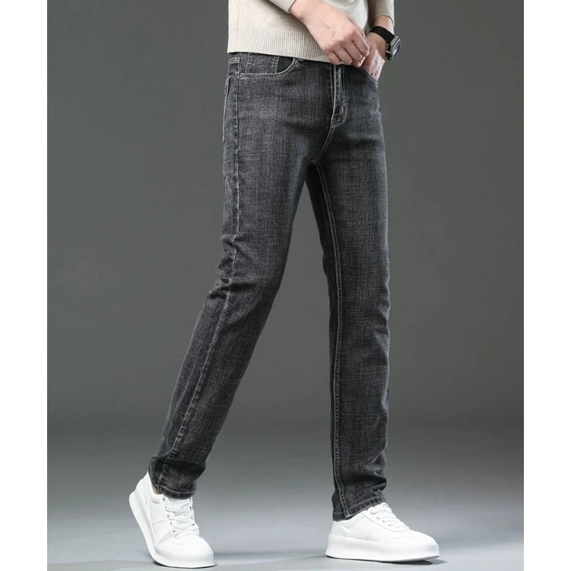 الخريف الشتاء القطن الرمادي رجالي سليم صالح مستقيم الجينز الأعمال عادية مطاطا كل مباراة سراويل أنيقة سراويل جينز الذكور العلامة التجارية #5