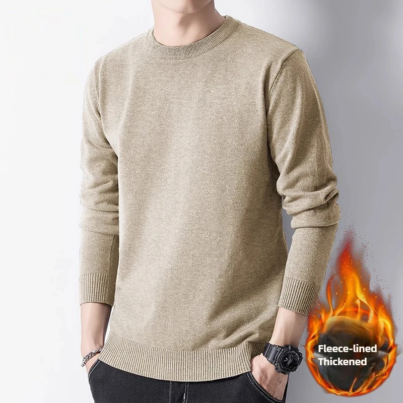 

Men Knitted Bottom Shirt Warm Skin-friendly Fleece Simple Pullovers Solid Round Neck Versatile Basic Thick Inner Lining Sweater