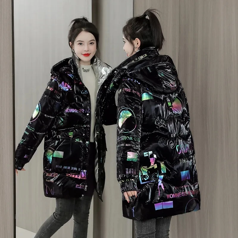 

2025 Winter New Gloss Cotton Jacket Women's Medium to Long Korean Loose Coat Lady Thick Hooded Coats Female Warm Parker Overcoat