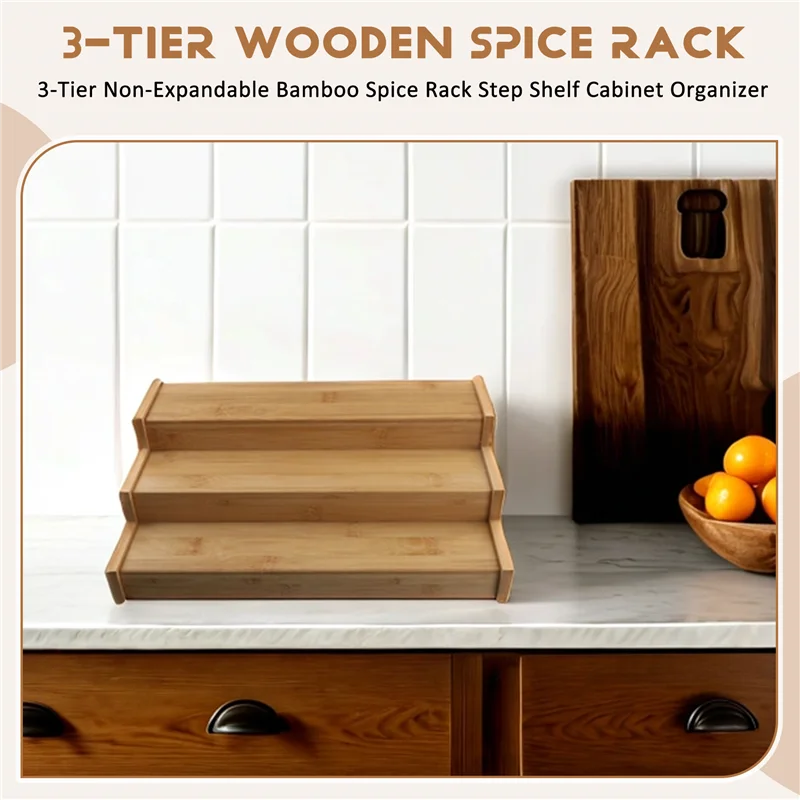

ABWR-3-Tier Non-Expandable Bamboo Spice Rack Step Shelf Cabinet Organizer