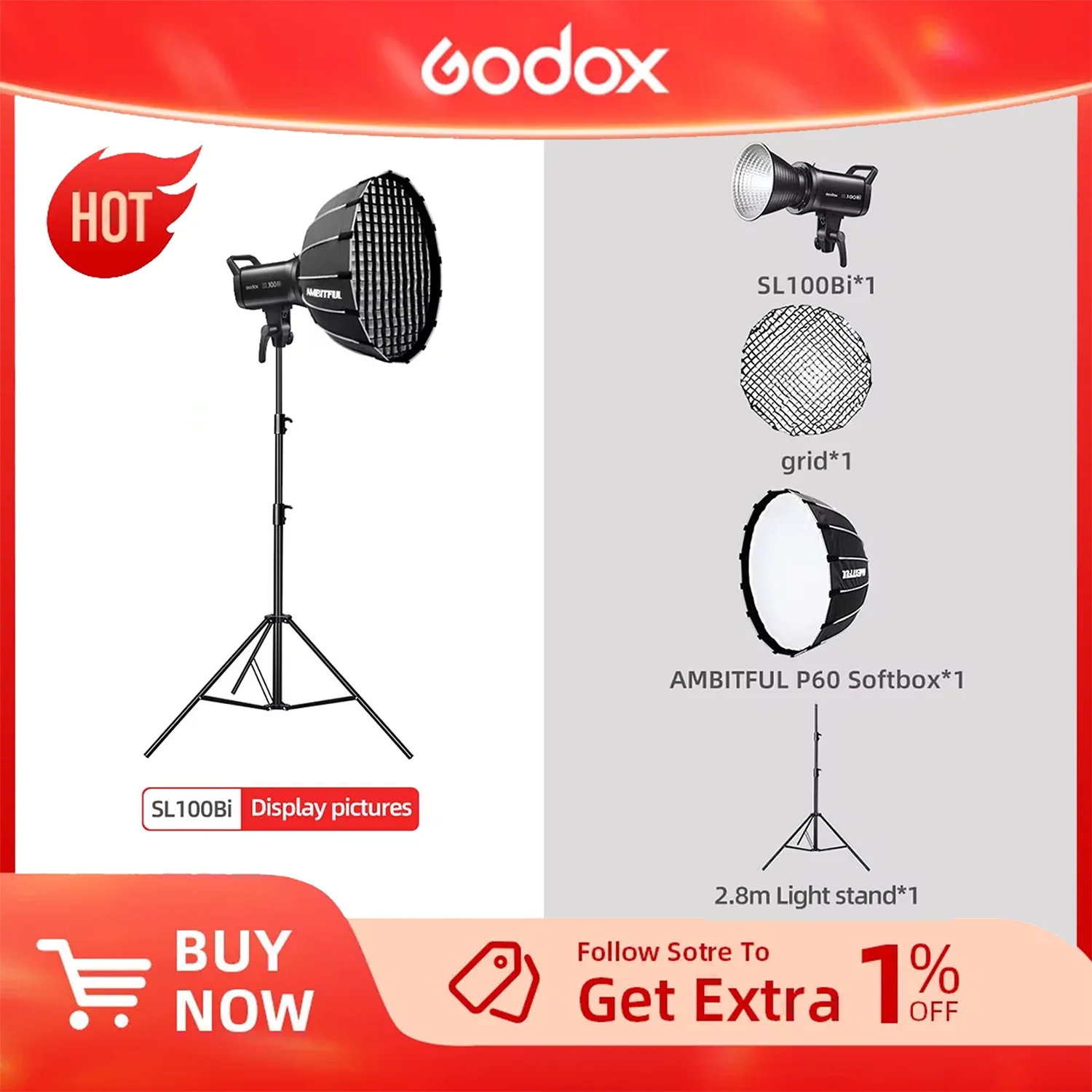 Godox SL100Bi 100W 2800-6500K White Yellow Version LCD Panel LED Video Light Continuous Output Bowens Mount Studio Light