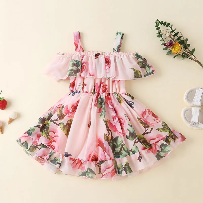 Maiden Flowers Summer Dress Cute Off-shoulder Ruffles Casual Roses Fashion Butterfly Print Children Baby Princess Flowers