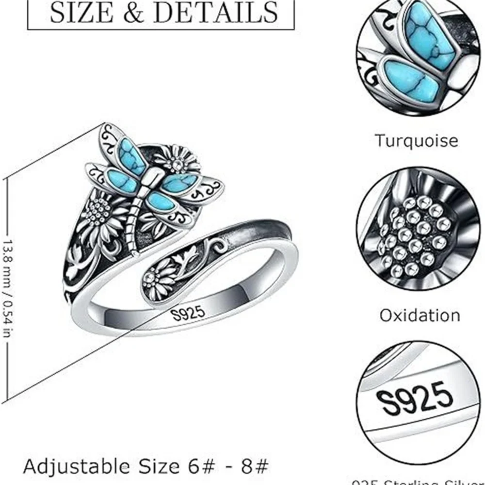 خاتم زهرة عتيق 925 فضة اليعسوب الأزرق أوبال مفتوح قابل للتعديل خواتم للنساء مجوهرات الزفاف هدايا جديد