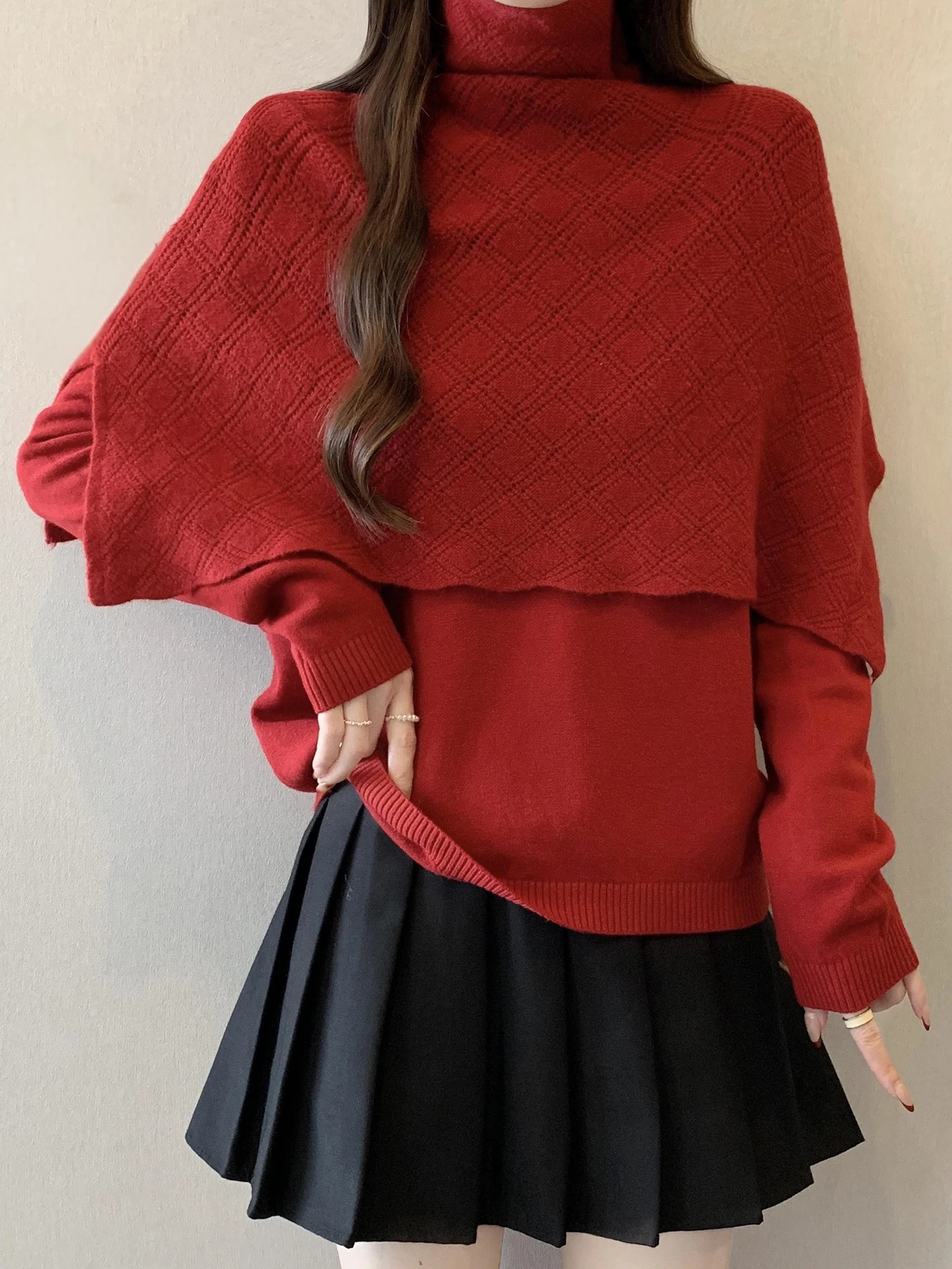 

Комплект женских вязаных свитеров больших размеров для осени и зимы: свитер с высоким воротником, ажурной вязкой и двойным слоем, удобный для повседневной носки