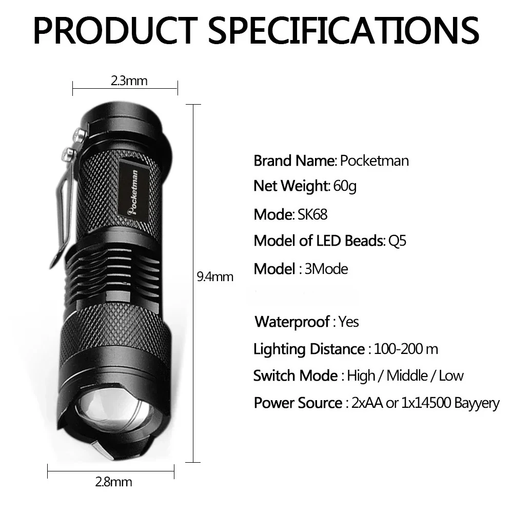 Mini lampe de poche LED Q5 portable, torche DulLamp, mise au point réglable, zoomable, cadeau, randonnée, camping, 1-20 paquets