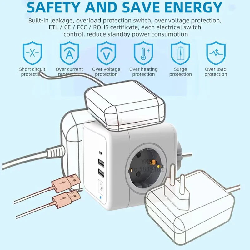 EU Kr Plug Multiprise Power listwa z 4 gniazdami AC + 2 portami USB + 1 typ C 5V 3.1A Adapter kostki z włącznikiem/wyłącznikiem