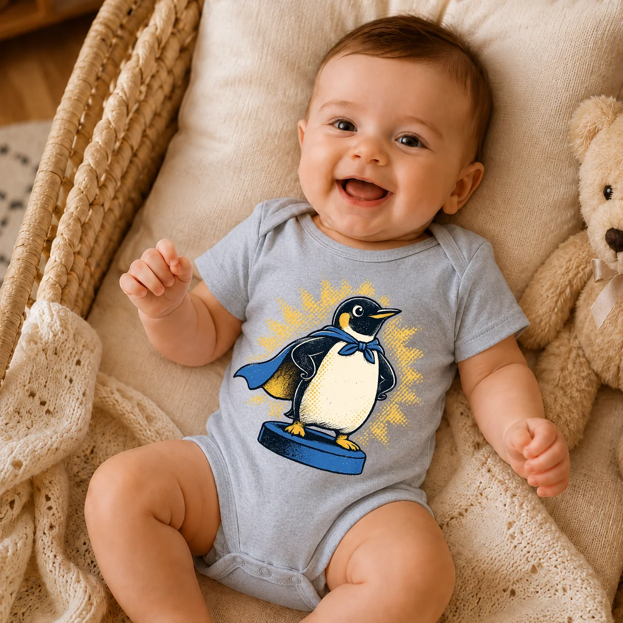 Vintage Super Hero Penguin Baby Onesie Soft Cotton Infant Short Sleeve Bodysuit Funny Cartoon Print Newborn Jumpsuit Baby Shower