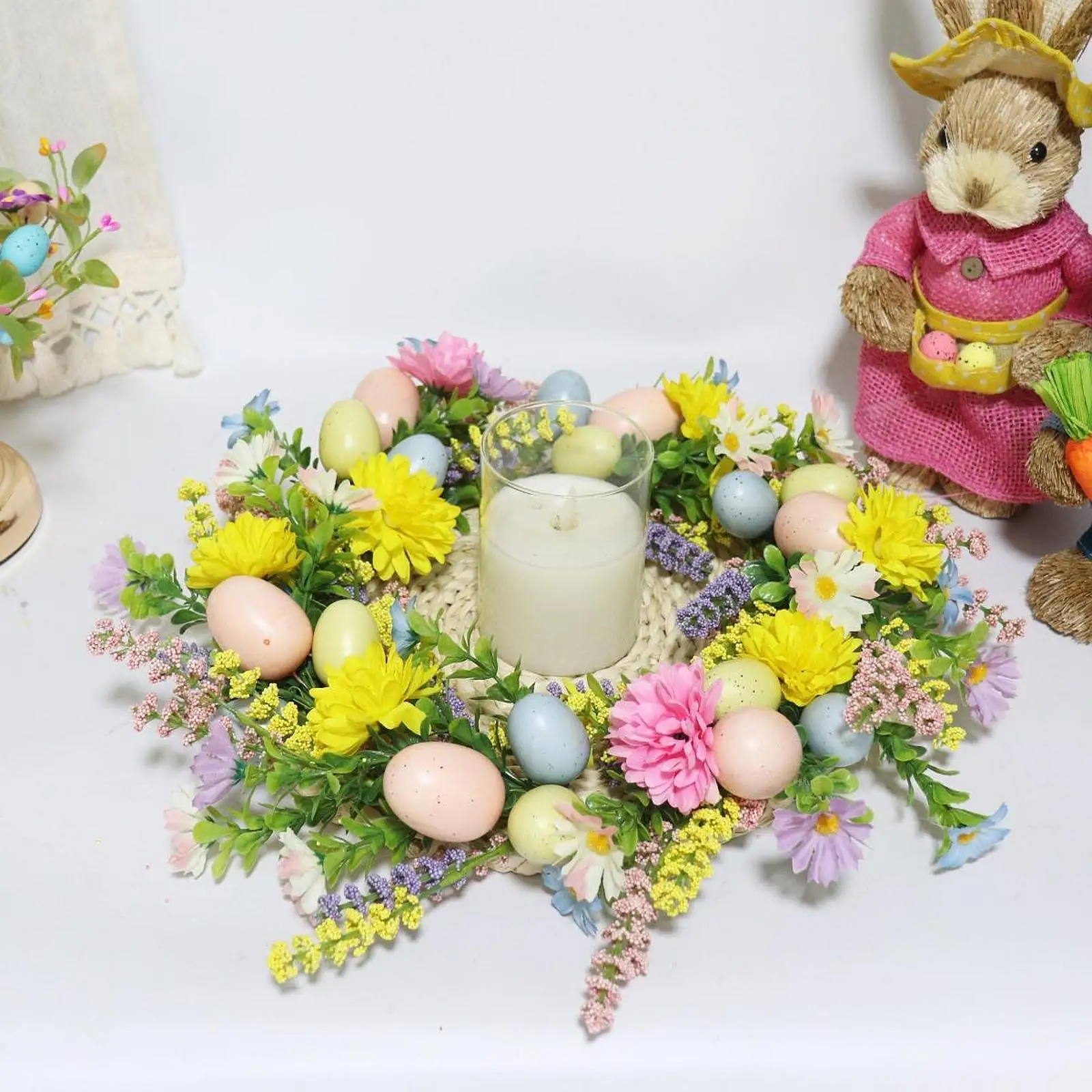 Multicolor Artificial Easter Egg Wreath Farmhouse Door Flower Ring for Holiday Home Decorations
