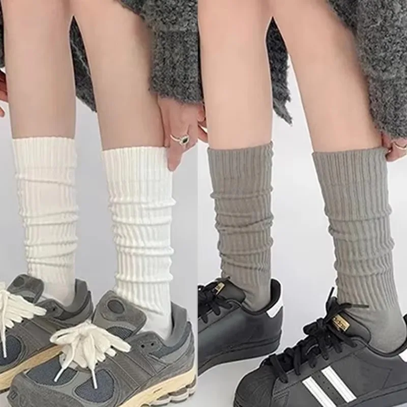 Y2k女性用ロングソックス、女の子用カジュアルソックス、白黒、モノクロ、ルーズかぎ針編み、ミドルチューブ、ロリータソックス、コットンブーツカフス、フリルソックス